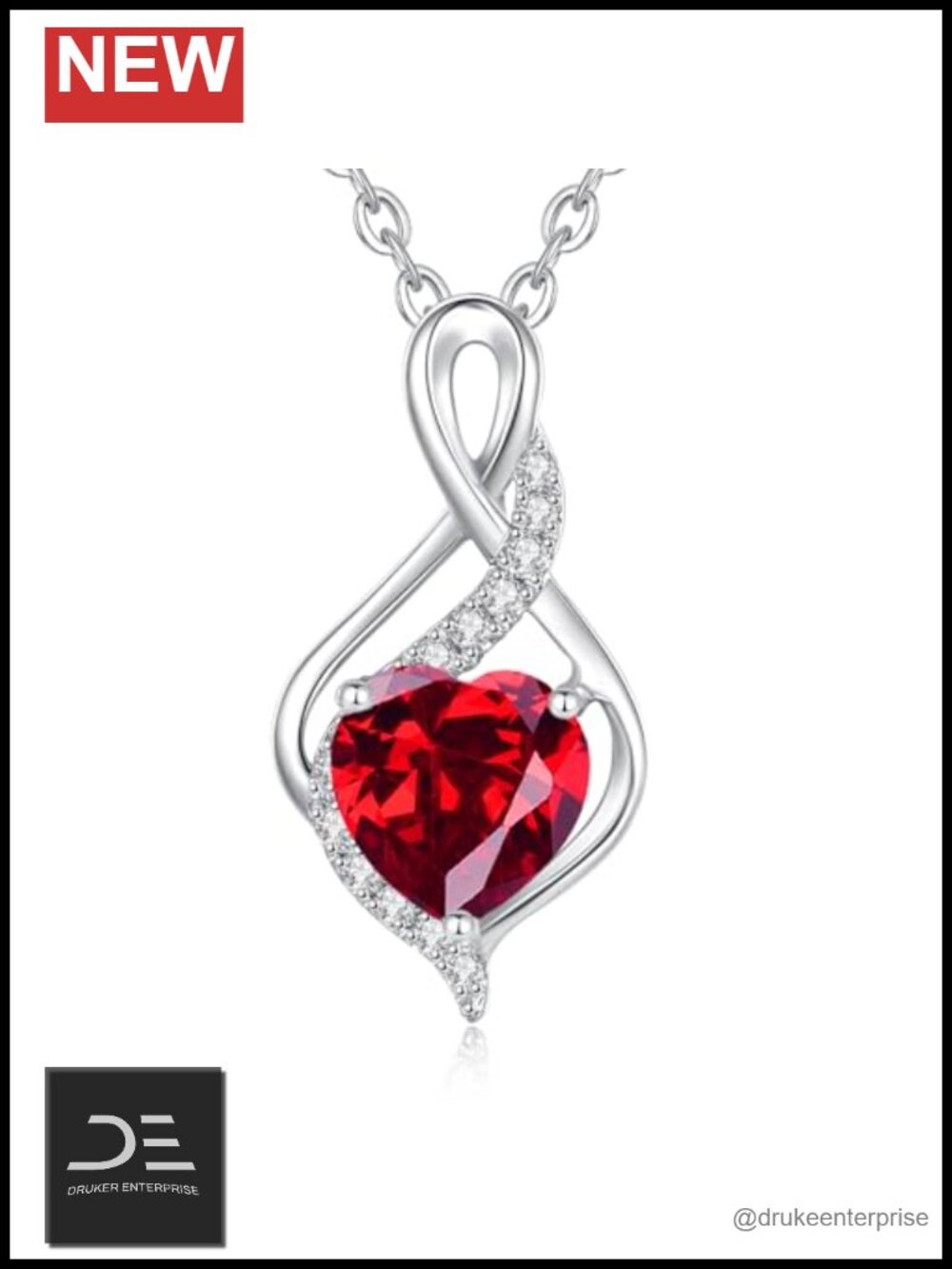 14K Solid White Gold Infinity Heart Ruby Birthstone Necklace with Diamond